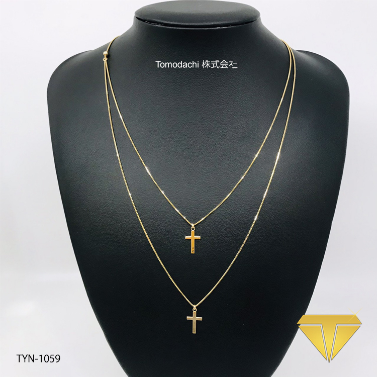 18k Japan Yellow Gold Double Cross Necklace